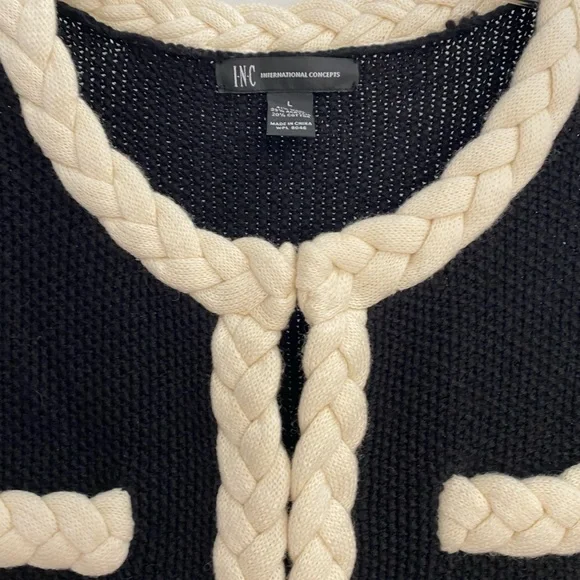 INC International concepts black sweater jacket with white braided trim. large. - Picture 2 of 12